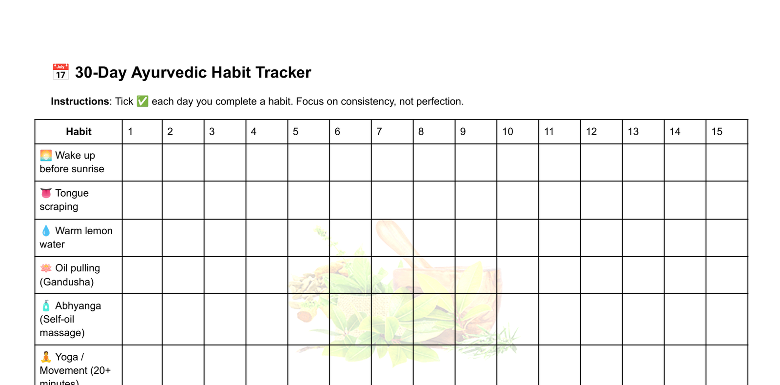 30-Day Ayurvedic Habit Tracker