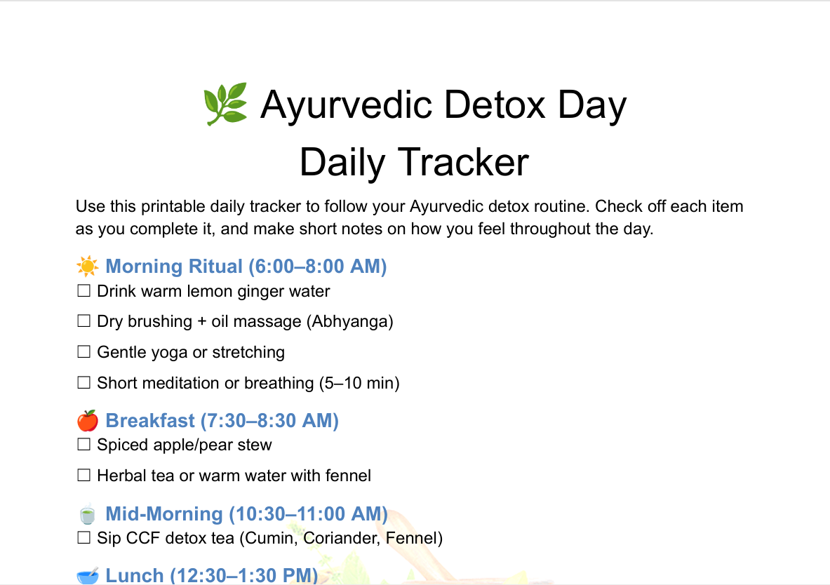 Ayurvedic Detox Day Daily Tracker