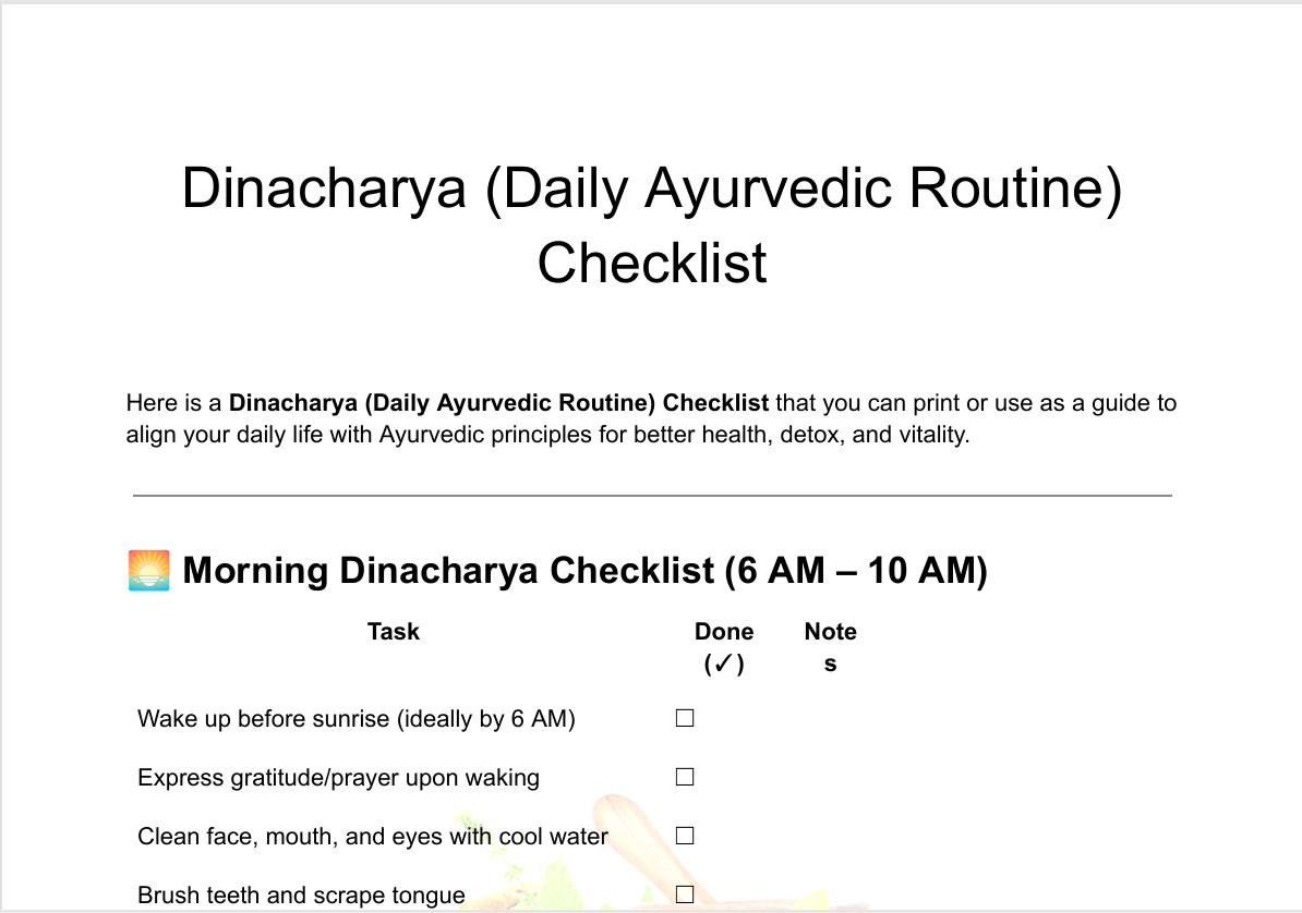Dinacharya (Daily Ayurvedic Routine) Checklist